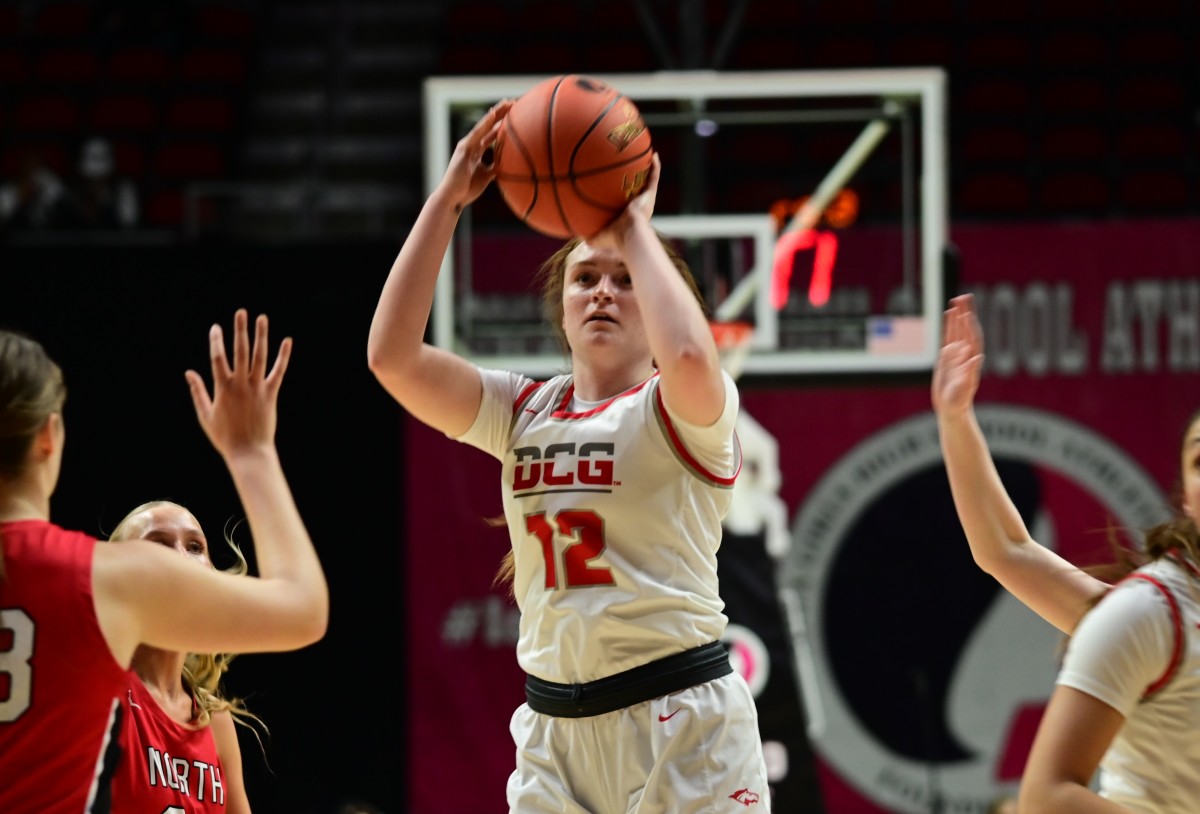 Dallas Center-Grimes' Vanessa Bickford takes a shot during a Class 4A state tournament quarterfinal game against North Polk on Tuesday at Wells Fargo Arena in Des Moines. (Photo by Ryan Timmerman)